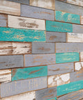 Close-up view of 3D Reclaimed Barn Wood Wall Panels Set Of 10 In Montauk Blue, Diy Glue And Nails Install for accent walls