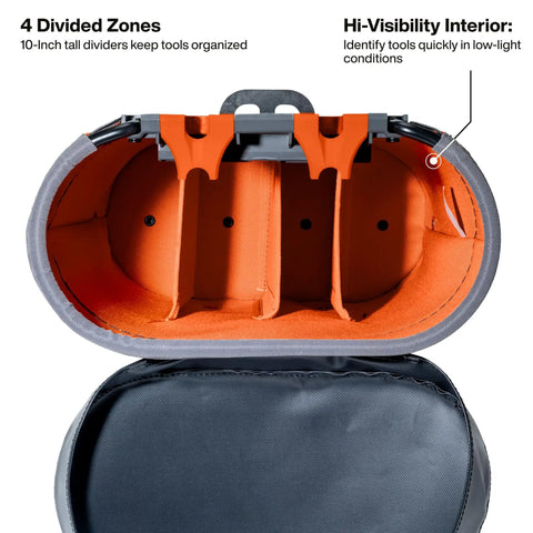Top view of 20 Inch Deep Oval Bucket Work Center With S Hook Compatibility, Heavy Duty Tool Organizer With Four Internal Dividers, Velcro Enclosure