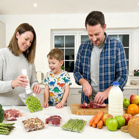 Family using Compact Food Vacuum Sealer With 60kPa Power, Rechargeable Handheld Kitchen Saver as sealing grapes in reusable bag.