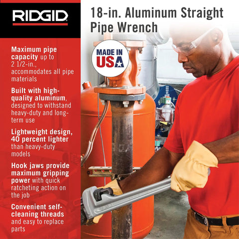 Man using ultra lightweight aluminum 18 inch pipe wrench with I beam handle for quick adjustments forged hook jaw full floating jaw