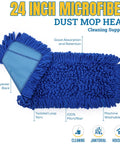 Heavy Duty 24 Inch Microfiber Dust Mop Kit With 61 Inch Extendable Handle And Two Quick Swap Pads For Top Shelf Floor Cleaning And No Fuss Commercial Floor Care Today, blue microfiber mop head.