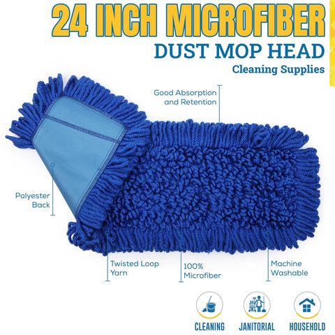 Heavy Duty 24 Inch Microfiber Dust Mop Kit With 61 Inch Extendable Handle And Two Quick Swap Pads For Top Shelf Floor Cleaning And No Fuss Commercial Floor Care Today, blue microfiber mop head.