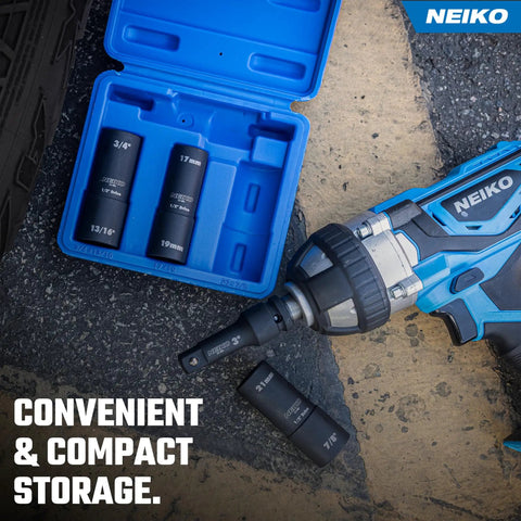 Open blue carrying case with Torque Limiting Extension Bar And Deep Impact Metric Socket Set Half Inch Drive CrMo Beefy 8 Piece
