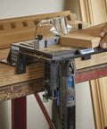 Hella Smooth Corner Rounding Router Bit With Piloted Shank for Wooden Edge Profiling used with a Dremel setup on wood.