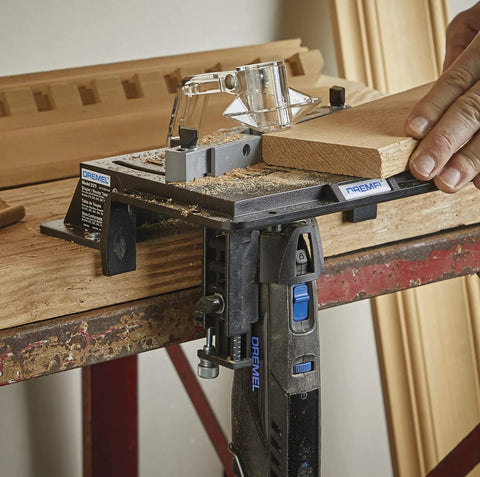Hella Smooth Corner Rounding Router Bit With Piloted Shank for Wooden Edge Profiling used with a Dremel setup on wood.