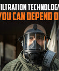 Person wearing a full face respirator with 40mm NATO NBC CBRN Gas Mask Filter, showcasing its vacuum-sealed efficiency.