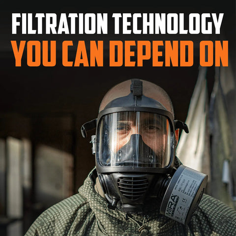 Person wearing a full face respirator with 40mm NATO NBC CBRN Gas Mask Filter, showcasing its vacuum-sealed efficiency.