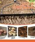 Heavy Duty Garden Bow Rake With 14 Tine And 57 Inch Fiberglass Handle For Soil Leveling, used in gardening on loose soil.