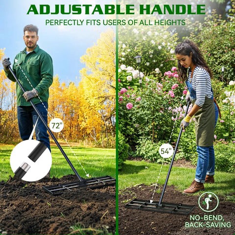 Two people using a 32x10 Lawn Leveling Rake With Serrated Edge And Smooth Plate Heavy Duty Stainless Leveling Rake With 72 Inch Adjustable Handle