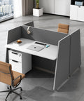 Slick Modular Office Cubicle Workstation For Teams Featuring Instant Plug And Play Power Hub Soft Privacy Panels and a white desk.