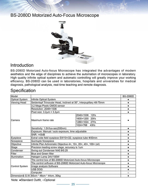 BS-2080D Motorized Auto-Focus Microscope with built-in 3.2 MP camera, trinocular head, and control box
