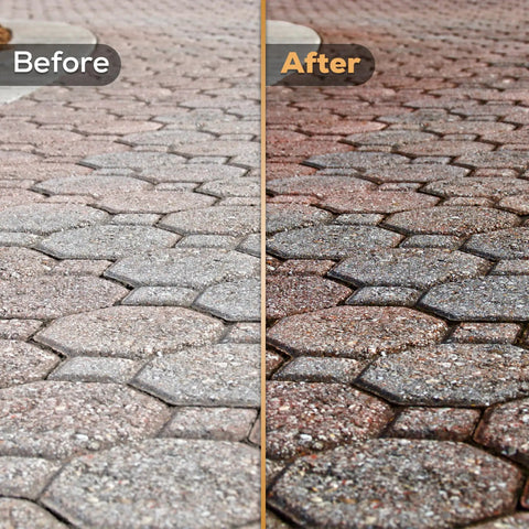 Before and after view of paver surface treated with Pro Grade Wet Look Concrete And Paver Sealer 5 Gallon Water Based Acrylic Coating.