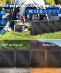 Portable 200W Foldable Solar Panel Kit with ETFE Cover for Power Station and Off Grid Backup Power IP68 Waterproof Outdoor Charger in use at campsite.