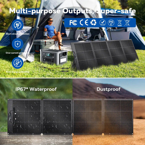 Portable 200W Foldable Solar Panel Kit with ETFE Cover for Power Station and Off Grid Backup Power IP68 Waterproof Outdoor Charger in use at campsite.