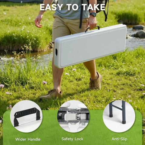 Person carrying heavy duty folding bench for outdoor use with 770 pound capacity, safety lock button, wide carry handle
