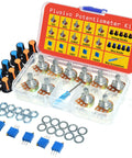 All In One Potentiometer Kit With 46 Pieces Including 1K To 100K Ohm Linear Rotary Taper Potentiometers Multi Turn Trimmers WH148 Knobs And A Mini Screwdriver Washers And Nuts For Do It Yourself Electronics Projects displayed in an open case
