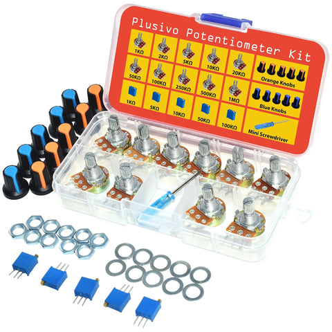 All In One Potentiometer Kit With 46 Pieces Including 1K To 100K Ohm Linear Rotary Taper Potentiometers Multi Turn Trimmers WH148 Knobs And A Mini Screwdriver Washers And Nuts For Do It Yourself Electronics Projects displayed in an open case