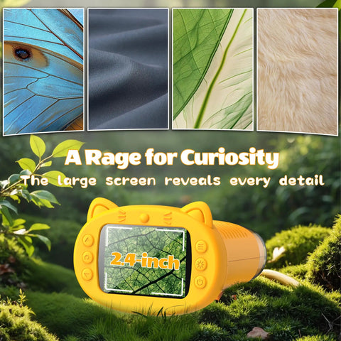 Ultimate Pocket Microscope For Kids With 1000X Zoom showing detailed wing, fabric, leaf, fur textures on 2.4 inch HD screen.
