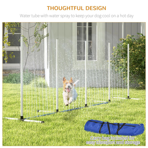 Two Piece Dog Agility Training Equipment Set With Water Spray Tube And Weave Poles, outdoor course and blue carry bag