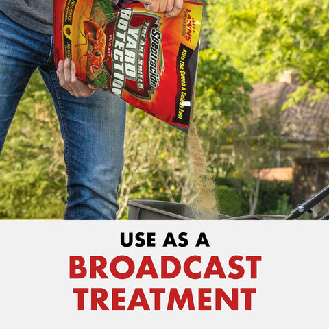 Person pouring Fire Ant Shield Yard Protection Granules For Lawns And Home Foundations into spreader, outdoors.