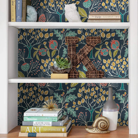 Groovy Garden Navy Peel And Stick Wallpaper For Walls Removable And Repositionable No Residue Easy To Install Vintage Woodland Pattern 20.5 Inch By 18 Feet Ideal For Rentals And DIY Decor