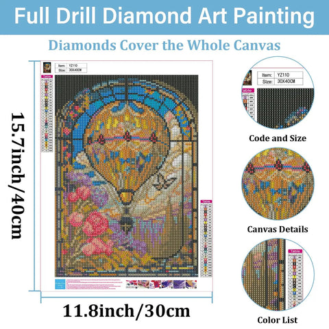 Hot Air Balloon Diamond Painting Kit For Adults Stained Glass Style Diamond Art Set Gem Art Craft For Home Wall Decor 12x16 Inches Includes All Supplies Extra Beads And Tools For A Chill Relaxing Crafting Experience, canvas layout view with details and sizes highlighted