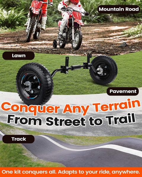 Universal Dirt Bike Training Wheels Kit For 49cc And 50cc Kids Dirt Bikes Built Tough Kid Friendly Adjustable Heavy Duty Durable Support showcased on various terrains.