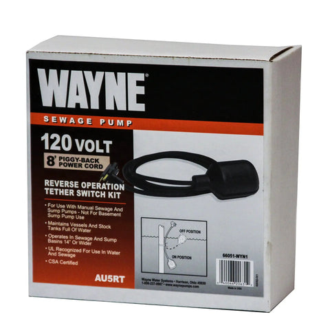 Reverse Tether Switch 120V for Sewage and Sump Pumps with Piggy Back Plug 8 Ft Cord No Nonsense Install Fits 14 Inch Or Wider Basins