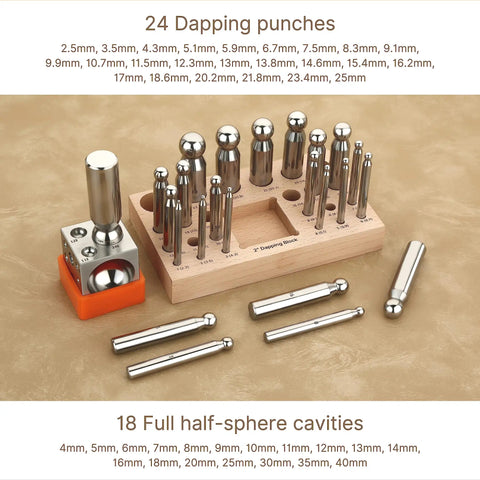 Dope 2 Inch Square Dapping Block With 24 Punch Set for jewelry making, featuring metal punches on a wooden stand and rubber base.