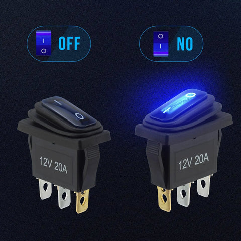 12V Waterproof Rocker Switch Five Pack with Three 20 CM Detachable Wires SPST Three Pin On Off Toggle Square Design Blue LED