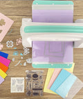 Manual Die Cutting Machine For Scrapbooking And Card Making, 9 Inch Opening, Embossing And Die Cutting Tool shown with colorful papers