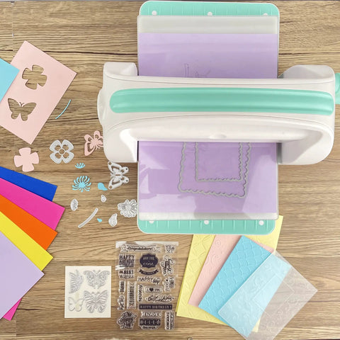 Manual Die Cutting Machine For Scrapbooking And Card Making, 9 Inch Opening, Embossing And Die Cutting Tool shown with colorful papers