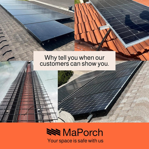 Solar Panel Bird Guard Mesh Screen 6 Inch By 120 Foot Black PVC Coated Galvanized Steel Netting For No Fuss Easy DIY Install Includes 80 Clips Scissors And Gloves installed on various rooftops