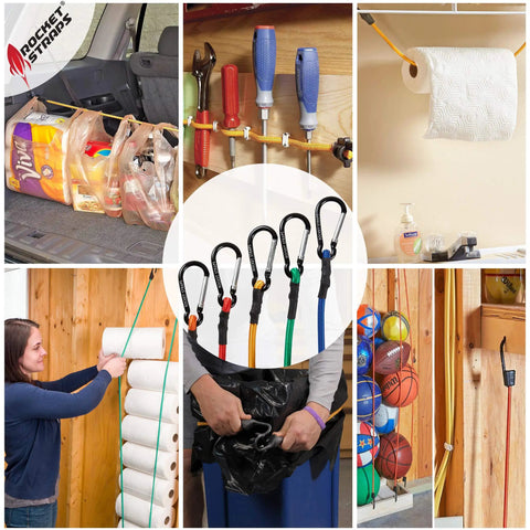 Beefy Heavy Duty Outdoor Bungee Cords With Hooks And Carabiners securing various items indoors and outdoors
