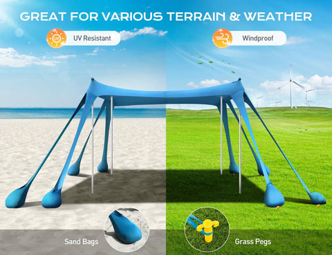 Beach Canopy Sun Shelter 10x10ft With UPF50 UV Protection Windproof Durable Shade Tent With 8 Sandbags Ground Pegs and Poles