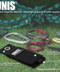UNIS extension cord organizer strap with grommet and carabiners on grass, 8 Pack Heavy Duty Large 13 Inch Extension Cord Organizer Straps.