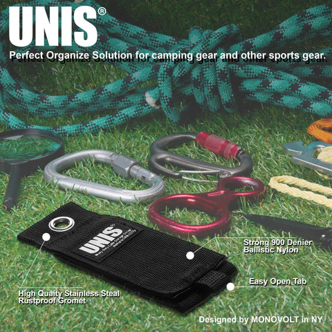 UNIS extension cord organizer strap with grommet and carabiners on grass, 8 Pack Heavy Duty Large 13 Inch Extension Cord Organizer Straps.