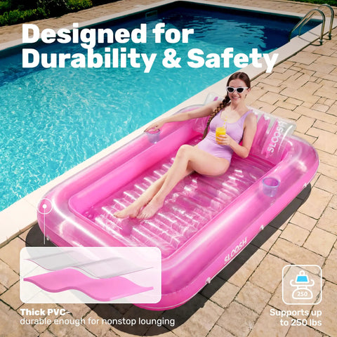 Woman relaxing on Inflatable Tanning Pool Lounger With Pillow 70 By 46 Inches Personal Water Filled Float for backyard sunbathing.