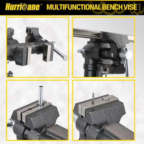Dual Jaws Table Vise With 2.5 Inch Jaw Width, 360 Degree Swivel Base, Clamp On Vise For Woodworking, Pipe Repair, Sharpening, Grinding And Cutting, Portable Bench Vise For Home Shop shown clamping a pipe and metal rod
