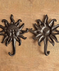 Heavy Duty Cast Iron Coat Hooks Set Of Two Vintage Sunburst Wall Mounts With Installation Screws Antique Dark Brown Rust Proof design.