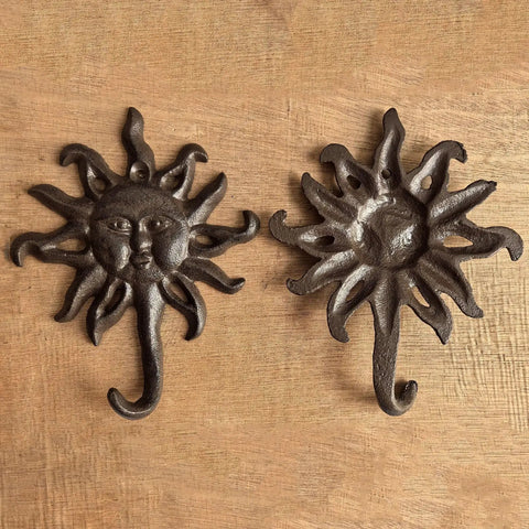 Heavy Duty Cast Iron Coat Hooks Set Of Two Vintage Sunburst Wall Mounts With Installation Screws Antique Dark Brown Rust Proof design.