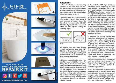 Bathtub And Shower Pan Repair Kit For Kohler White Non Toxic Fume Free Safe To Apply Fast And Easy To Use With High Output LED Light Perfect For Touch Ups with instructions and images of application steps.