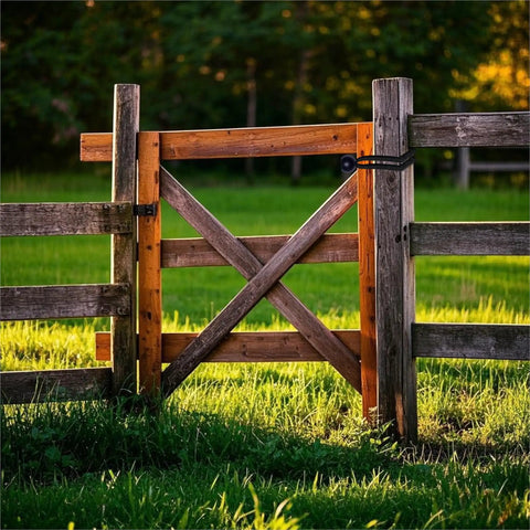 Wooden fence gate on a sunny green field with a black bungee cord latch.
