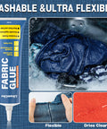 Clear Heavy Duty Fabric Glue For Clothes And Crafts, Extra Strong Adhesive in use on denim, showcasing flexibility and clear drying