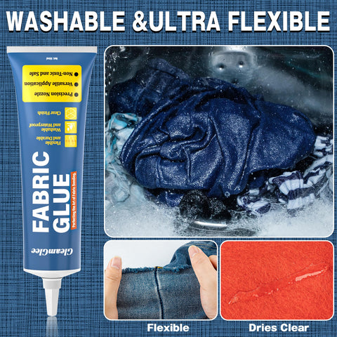Clear Heavy Duty Fabric Glue For Clothes And Crafts, Extra Strong Adhesive in use on denim, showcasing flexibility and clear drying