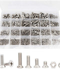 940Pcs M2 M3 M4 M5 Phillips Countersunk Flat Head Machine Screws With Hex Nuts And Flat Washers Assortment Kit displayed in box