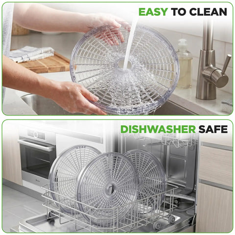 Professional Electric Countertop Food Dehydrator With Five Stackable Trays being rinsed under water, easy to clean.