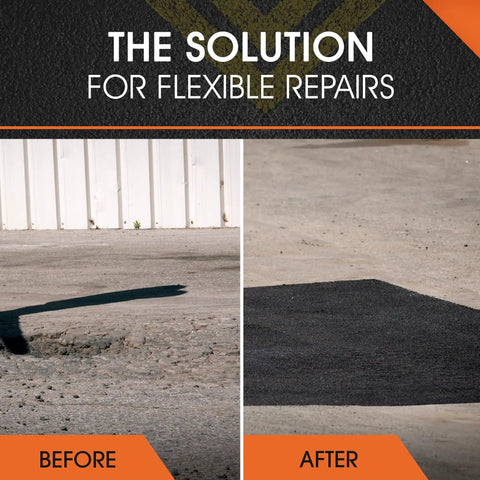 Before and after view of a pothole repair using FloMix Rapid Asphalt Repair Kit For Driveways And Floors Kickin Quick Dry Spall And Crack Filler Black 3 Gallon Sealer Easy To Apply Durable Asphalt Crack Repair For Potholes And Cracks.