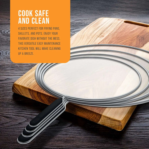 Four Piece Stainless Steel Splatter Guard Set With Fine Mesh Keeps Grease From Splashing All Over Your Stove on cutting board