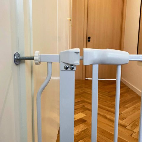 Close-up of installed Walk Through Baby Gate For Doorways And Stairs With Auto Close And Hold Open Features, Fits 43.3 To 48 Inch Openings